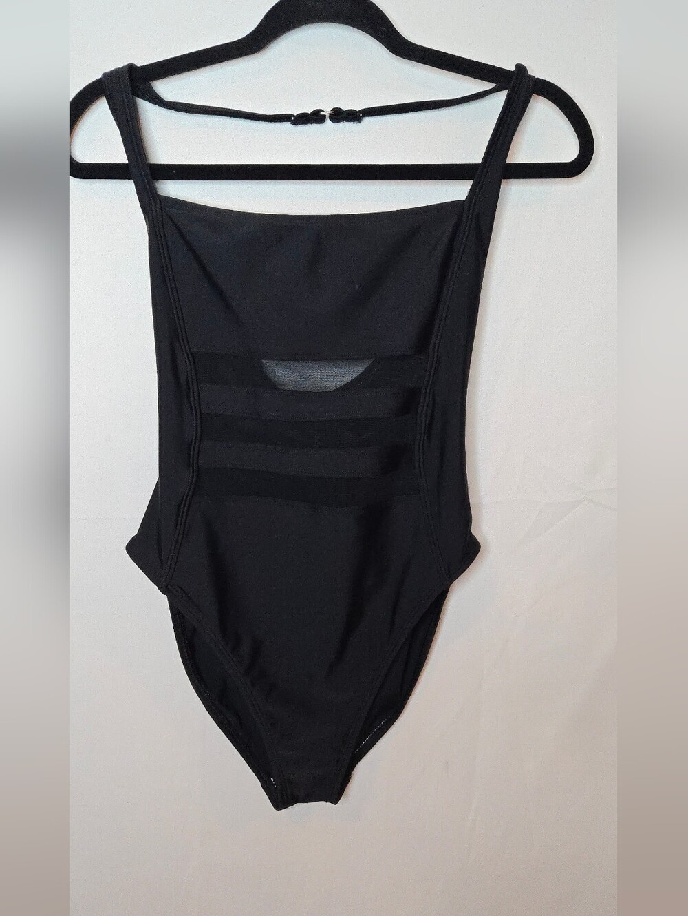 La Blanca Womens 10 Black One-Piece Swimsuit  Sheer Mesh Stripe Panels
